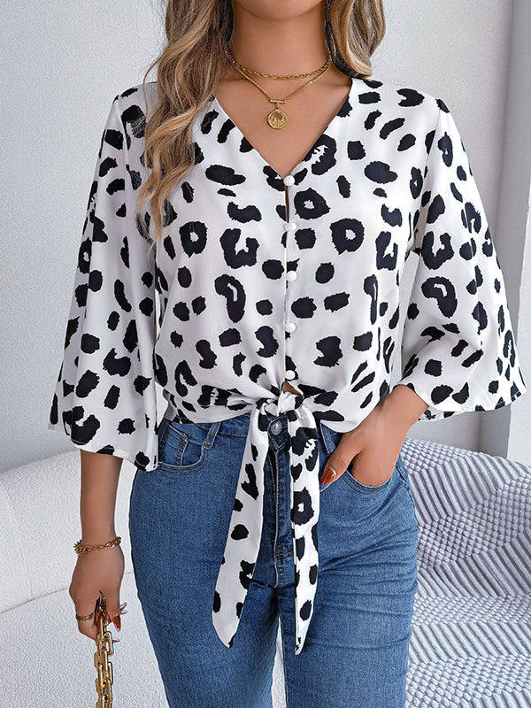 Buttoned Leopard Tied Flared Sleeves Half Sleeves V-Neck Blouses&Shirts Tops