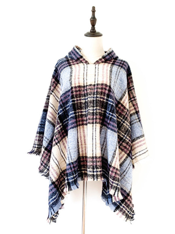 Fringed Hooded Keep Warm Plaid Shawl&Cloak Cape