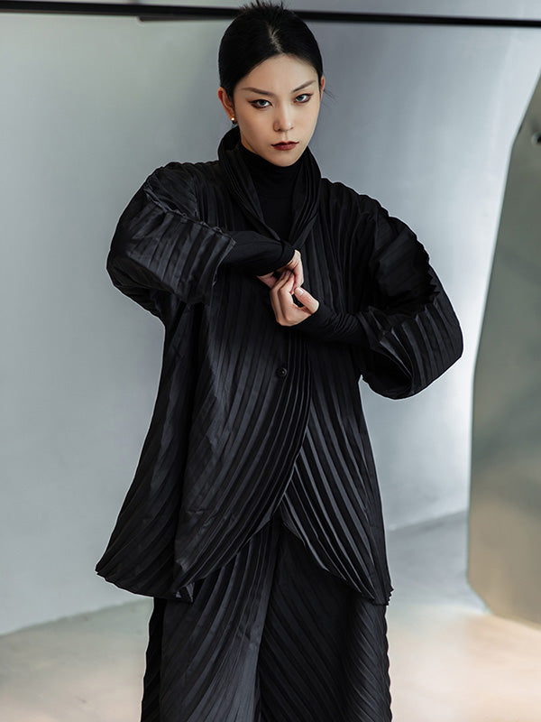 Urban Solid Color Pleated Outerwear&Pants Two Pieces Set