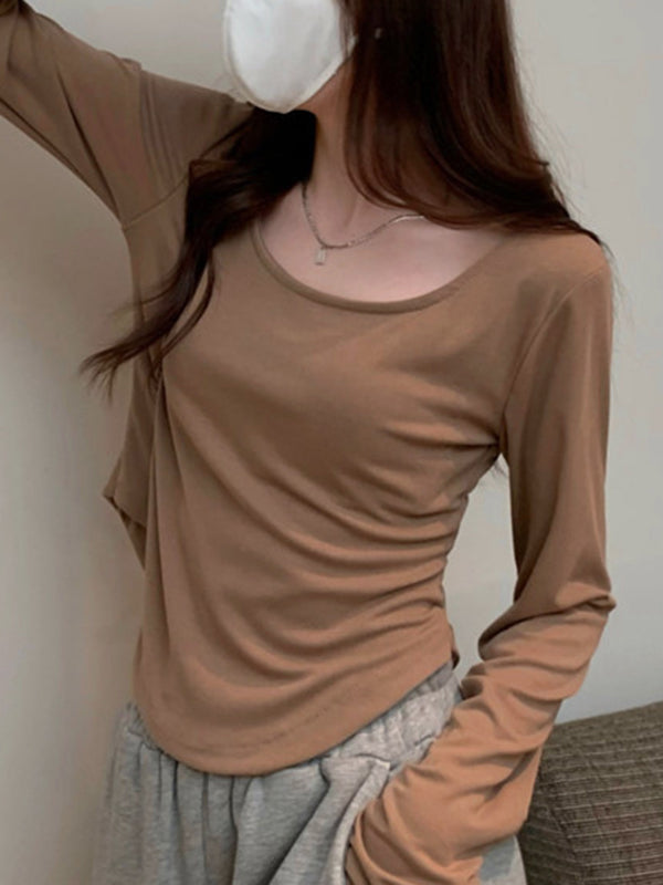 Solid Color Long Sleeves Skinny Square-Neck T-Shirts Tops