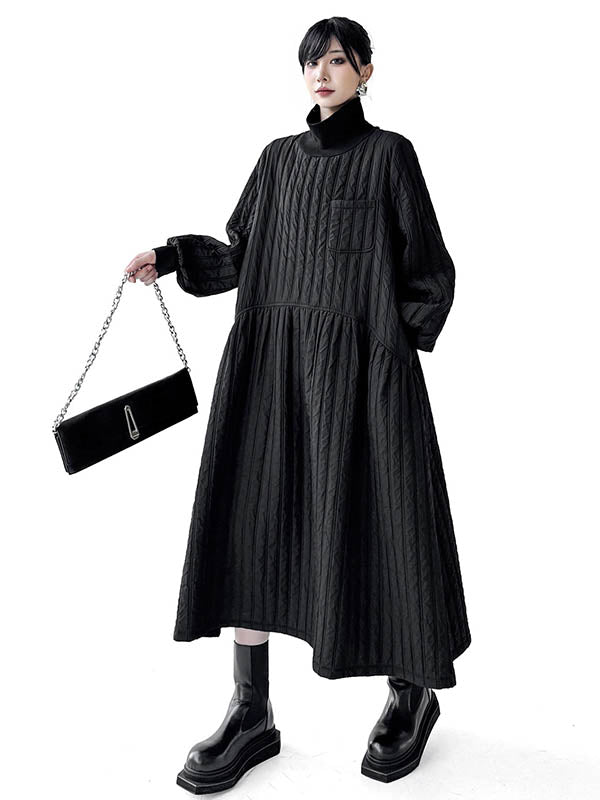 Embossed Pockets Quilted Solid Color Split-Joint A-Line Long Sleeves High Neck Sweater Dresses Midi Dresses