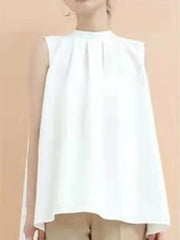 Lace-Up Pleated Solid Color Split-Joint Streamer High-low Loose Stand Collar Vest Top