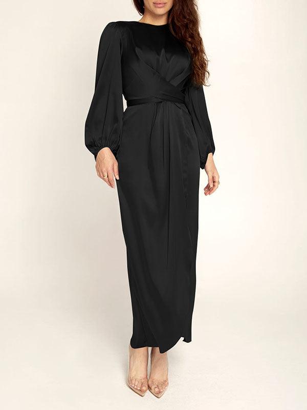 High-Waisted Solid Color Tied Waist Zipper Wrap Round-neck Maxi Dresses