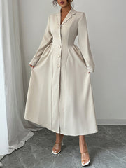 Buttoned Pleated Solid Color Split-Joint A-Line High Waisted Notched Collar Shirt Dress Maxi Dresses