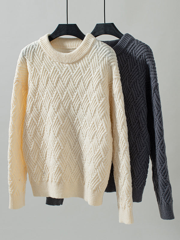 Solid Color Split-Joint Long Sleeves Loose Round-Neck Sweater Tops Pullovers