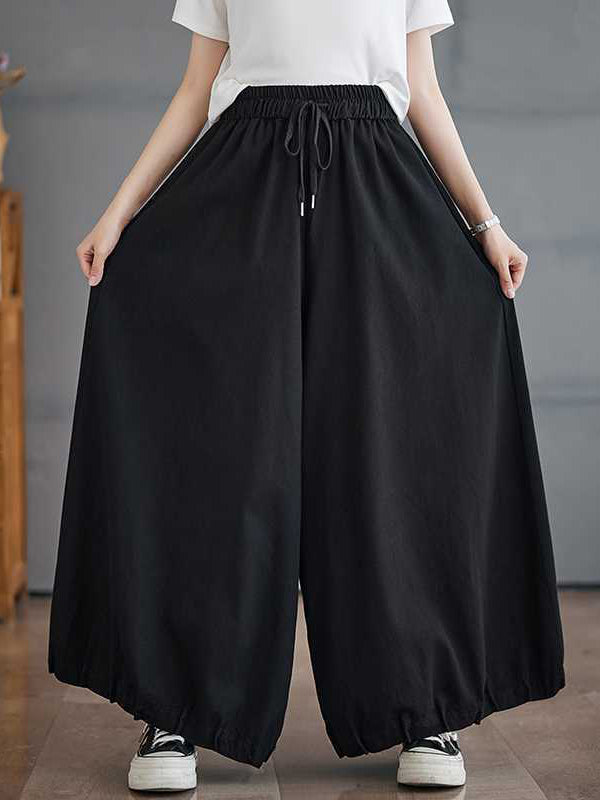 Drawstring Elasticity Pleated Pockets High Waisted Loose Pants Knickerbockers Culotte