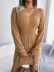 Solid Color High Waisted Long Sleeves V-Neck Sweater Dresses Mini Dresses
