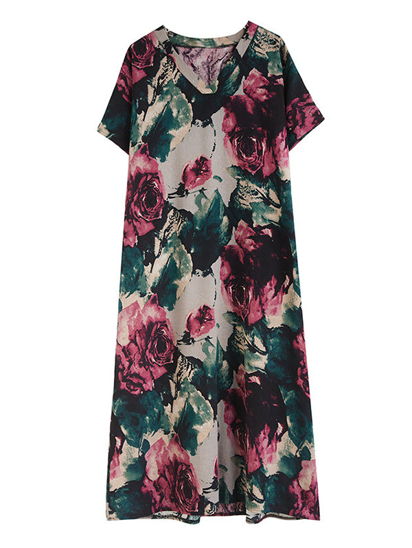 Artistic Retro Short Sleeves Loose Floral Printed Contrast Color V-Neck Maxi Dresses