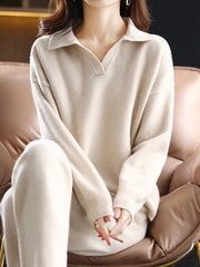 Loose Solid Color Long Sleeves Polo Sweater Top + Pants Bottom Two Pieces Set