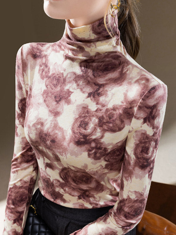 Flower Print Split-Joint Long Sleeves Plus Size High Neck T-Shirts