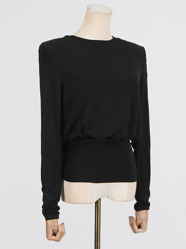 Backless Shoulder Pad Solid Color Long Sleeves Round-Neck Blouses&Shirts Tops