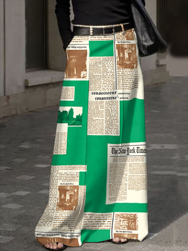 Newspaper Print Pockets High Waisted Loose Skirts Bottoms