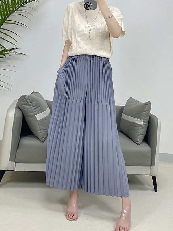 Elasticity Pleated Solid Color Split-Joint High Waisted Loose Trousers Pants