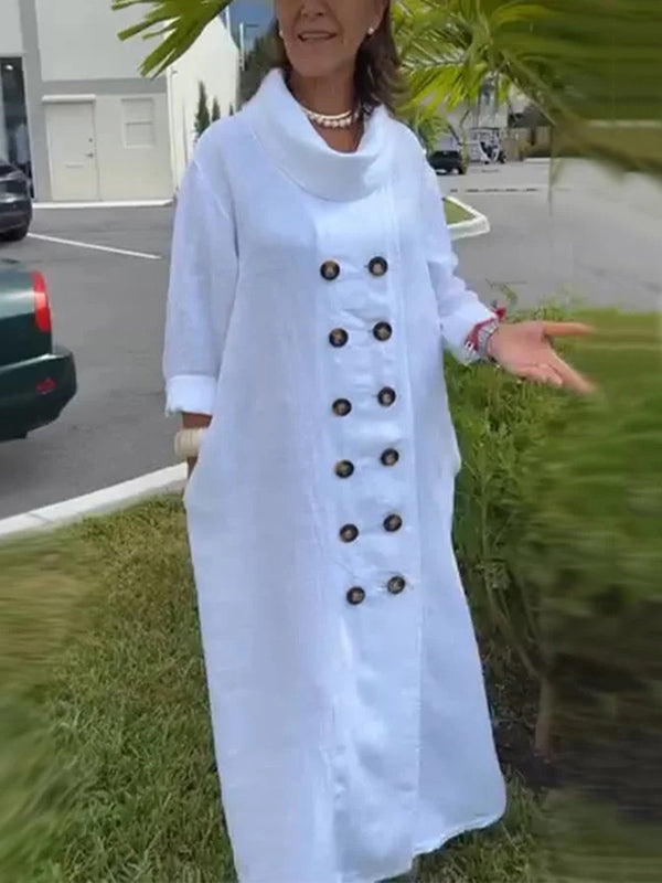 Buttoned Solid Color Long Sleeves Loose Stand Collar Maxi Dresses