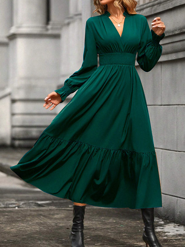 Elasticity Pleated Solid Color A-Line Flared Sleeves V-Neck Midi Dresses