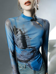 Asymmetric Hollow Mesh See-Through Wash Painting Long Sleeves Plus Size Mock Neck T-Shirts Tops