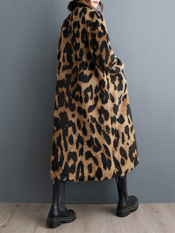 Buttoned Leopard Pockets Split-Joint Long Sleeves Loose V-Neck Trench Coats Outerwear