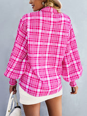 Buttoned Contrast Color Elasticity Plaid Long Sleeves Loose Lapel Blouses&Shirts Tops