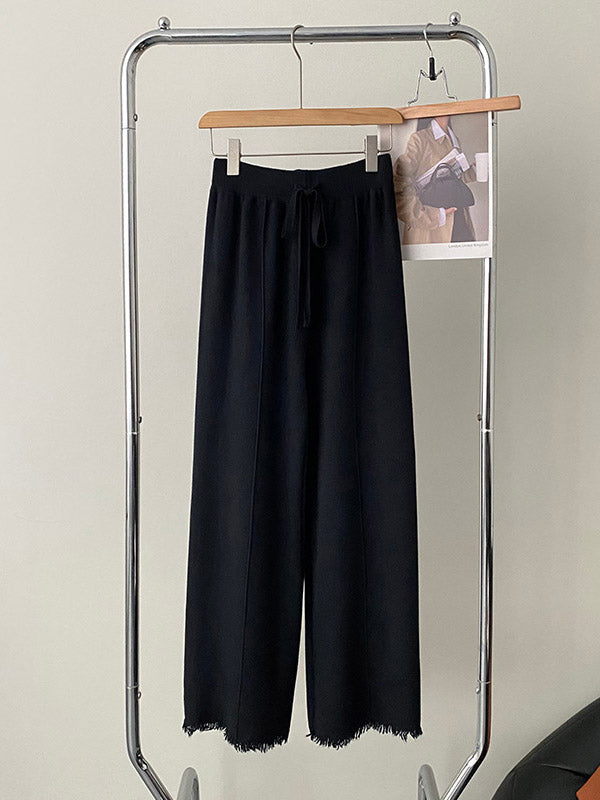 Fringed Pleated Solid Color Split-Joint Tied Waist High Waisted Loose Trousers Pants