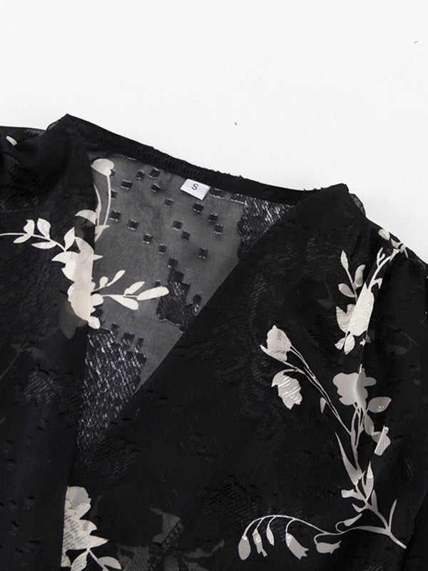 Gauze Jacquard Lace-Up Pleated See-Through Loose Puff Sleeves V-Neck Blouses&Shirts Tops