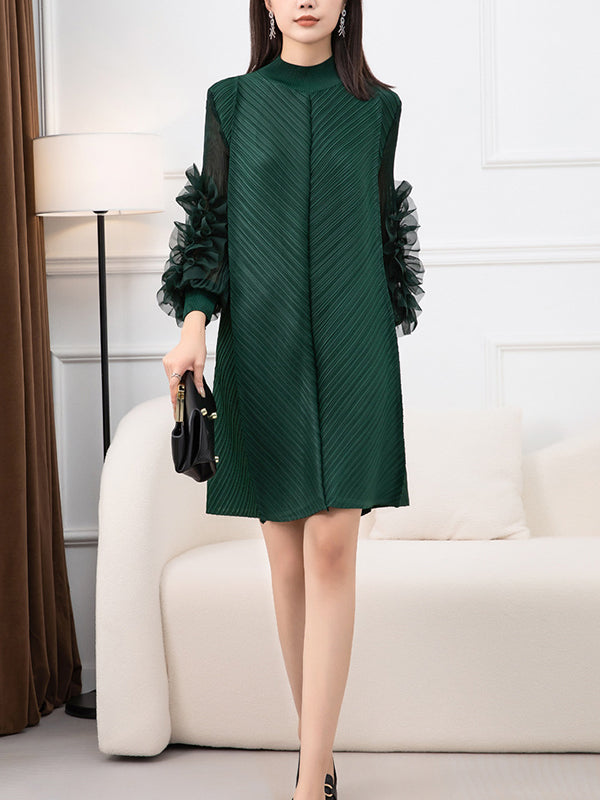 Embroidered Pleated Solid Color Long Sleeves Loose Round-neck Midi Dresses