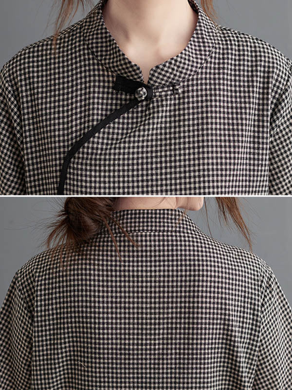 Retro Plaid Short Sleeve Stand Collar Long Cheongsams Dress