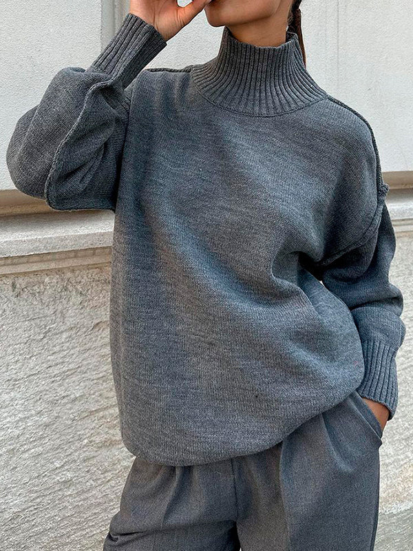 Solid Color Split-Joint Long Sleeves Loose High Neck Sweater Tops Pullovers