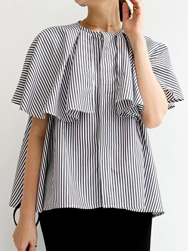 Falbala Loose Short Sleeves Round-neck Blouses&shirts Tops