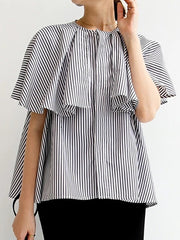Falbala Loose Short Sleeves Round-neck Blouses&shirts Tops