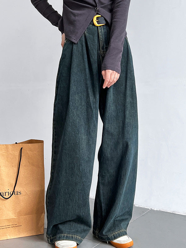 Belted Pleated Pockets High Waisted Wide Leg Jean Pants Bottoms