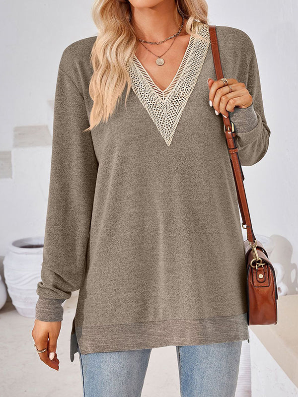 Hollow Split-Joint Split-Side Long Sleeves Loose V-Neck T-Shirts Tops