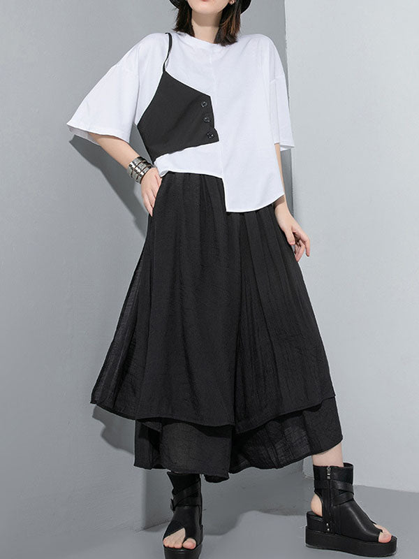 Elasticity Solid Color Split-Joint Loose Wide Leg Ninth Pants