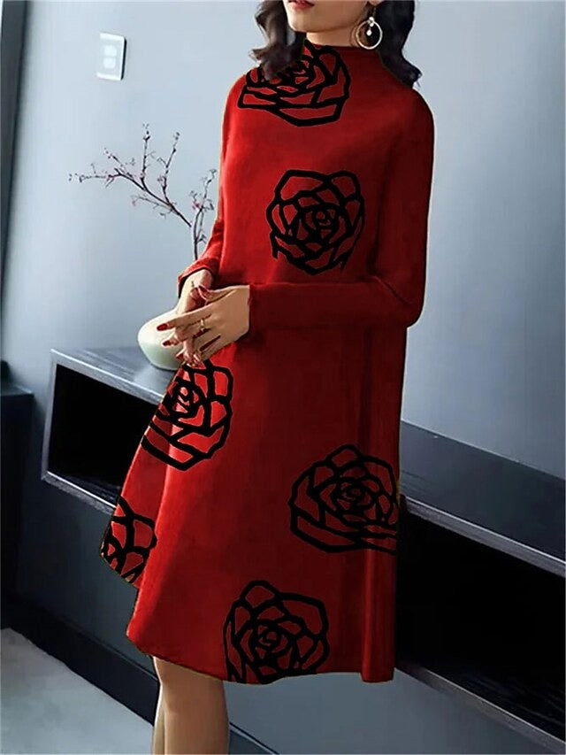 Flower Print A-line Long Sleeves Mock Neck Midi Dresses
