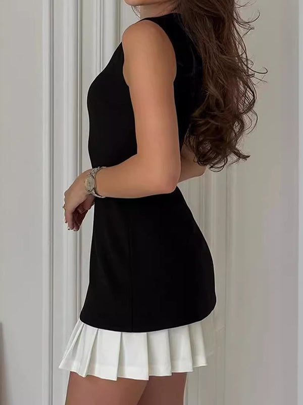 Pleated Solid Color Split-Joint Tiered Sleeveless Round-neck Mini Dresses
