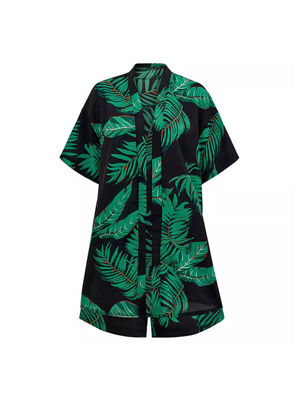 Leaves Print Loose Short Sleeves Buttoned Collarless T-Shirts Top + Drawstring Elasticity Shorts Bottom Two Pieces Set
