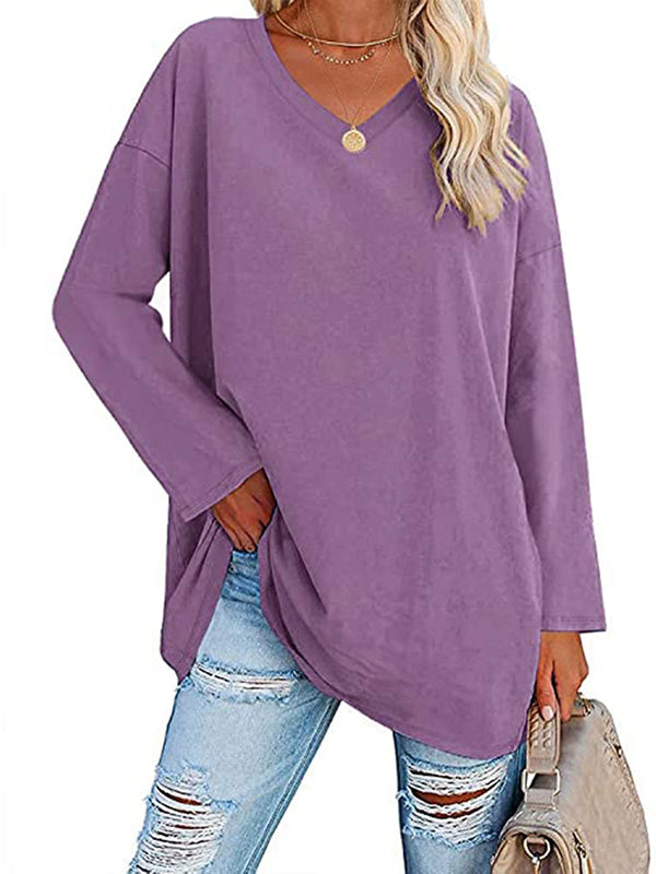 See-Through Solid Color Split-Joint Long Sleeves Loose V-neck T-shirts