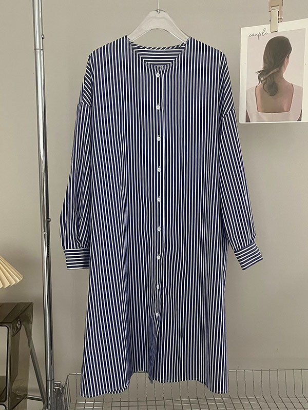 Striped Long Sleeves Loose Round-Neck Shirt Dress Midi Dresses