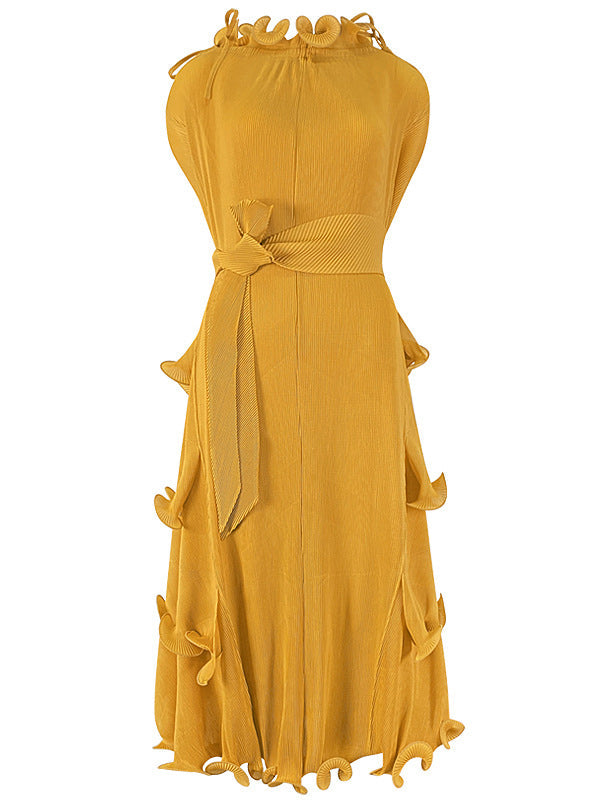 Bandage Lacy Solid Color Loose High-neck Midi Dresses