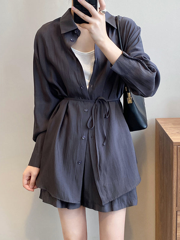 Loose Solid Color Long Sleeves Blouse + Pleated Shorts Two Pieces Set