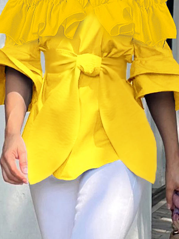 Loose Pleated Ruffled Solid Color Split-Joint Tiered Off-The-Shoulder Blouses&Shirts Tops