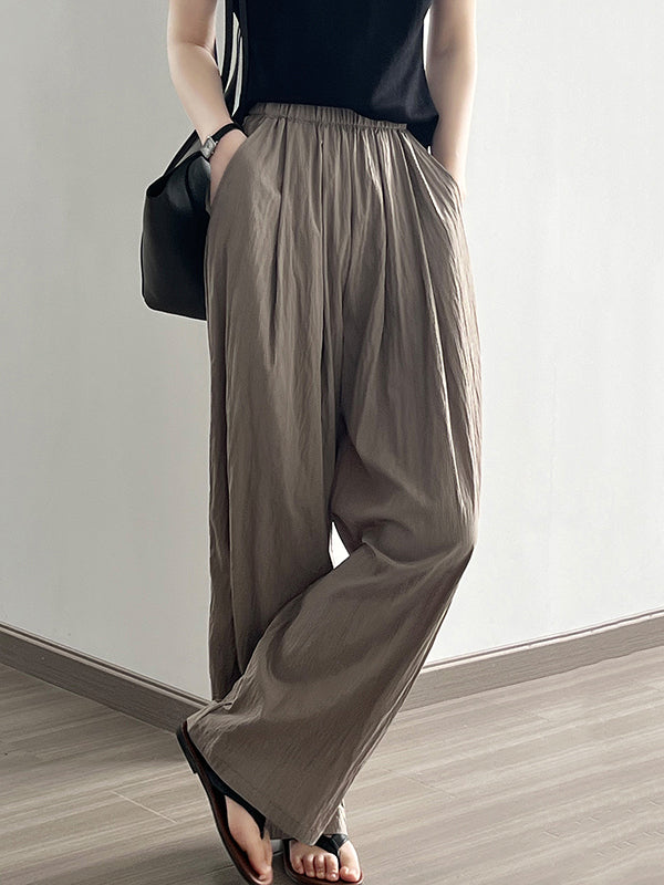 Elasticity Pleated Solid Color High Waisted Wide Leg Trousers Casual Pants Bottoms