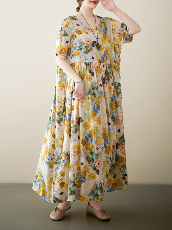 Floral Printed A-line Loose Round-neck Midi Dresses