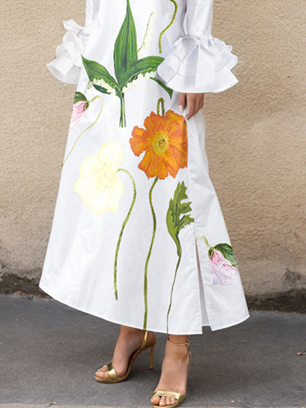 Floral Printed Split-Joint Split-side A-line Flared Sleeves Lapel Collar Shirt Dress Maxi Dresses