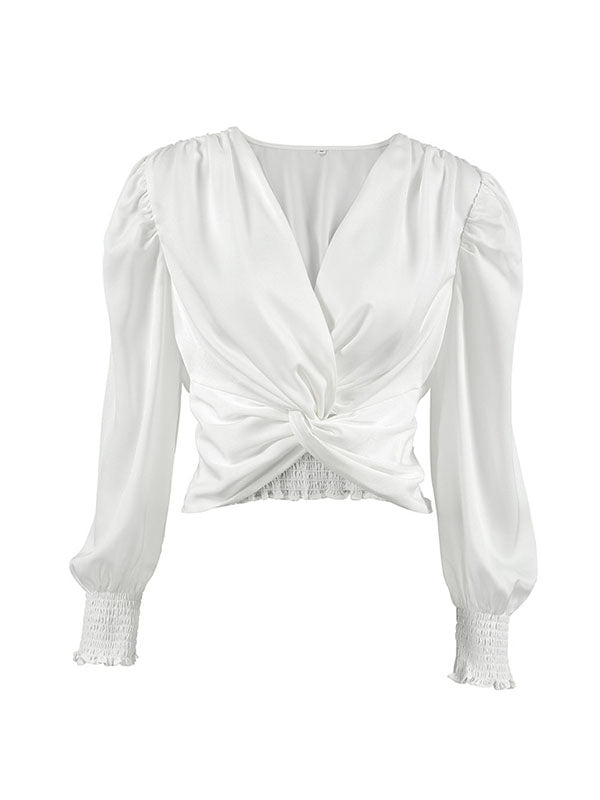 Elasticity Pleated Solid Color Split-Joint Loose Puff Sleeves V-Neck Blouses&Shirts Tops