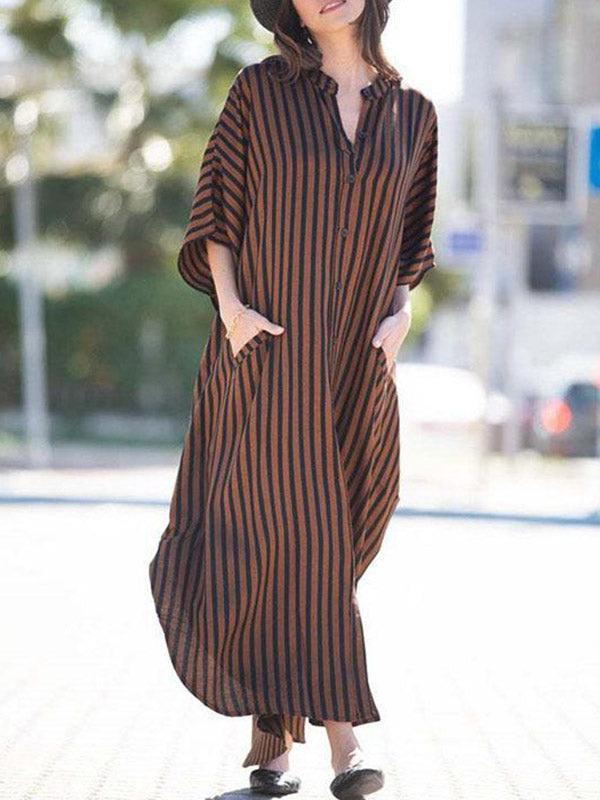 Buttoned Pockets Striped Batwing Sleeves Half Sleeves Round-Neck Maxi Dresses Beach Cover-Up