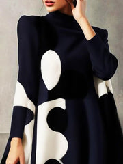 Polka-Dot Split-Joint A-Line Long Sleeves Mock Neck Mini Dresses