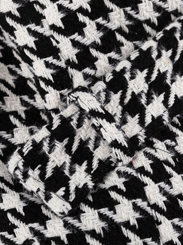 Houndstooth Split-back Split-Joint Tied Waist Long Sleeves Loose Lapel Trench Coats