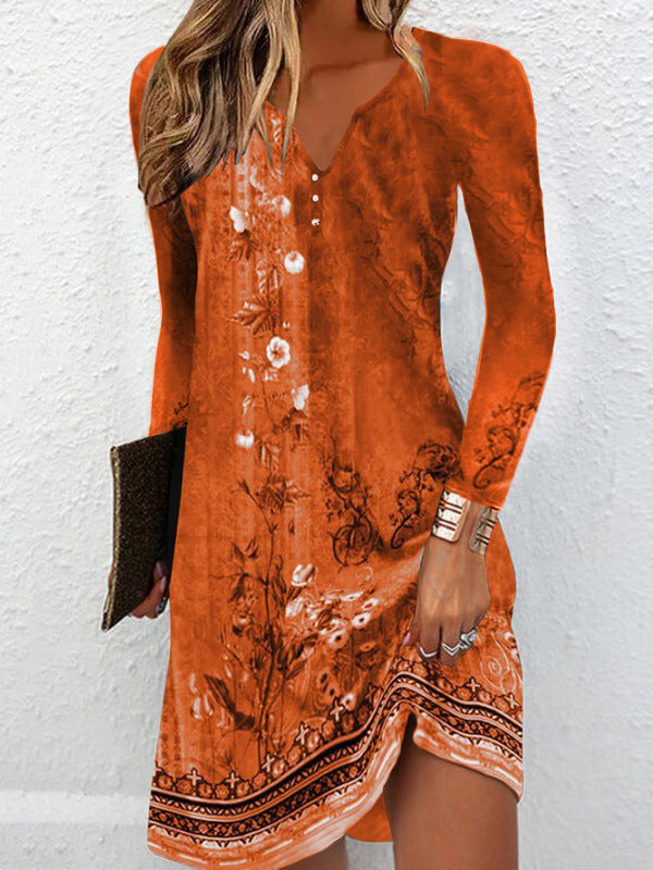 Long Sleeves Loose Floral Printed V-neck Maxi Dresses Mini Dresses