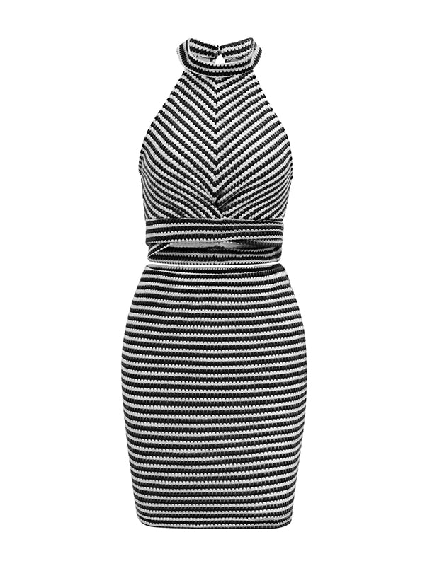 Tied Waist Halter-Neck Bodycon Sleeveless Split-Joint Striped Vest Top + Skirts Bottom Two Pieces Set