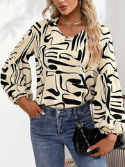 Elasticity Printed Split-Joint Long Sleeves Loose V-Neck T-Shirts Tops